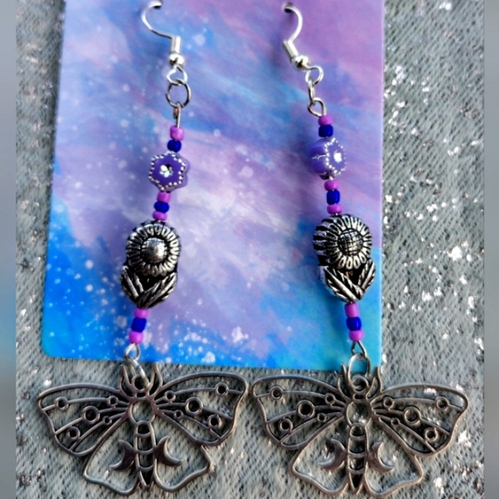 Luna moth floral moon beaded earrings dangles